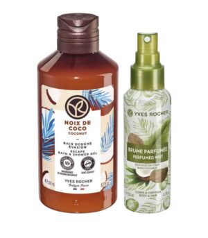 Yves Rocher Coconut Nourishing Shower Gel Bath & Body Routine and Perfumed Body Mist Spray Women Men Day Care 200 ml./6.7fl.oz. 100 ml./3.3 fl.oz. Best Gift Kit