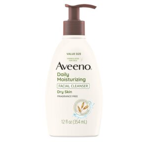Aveeno Daily Moisturizing Facial Cleanser for Dry Skin, Gentle Face Cleanser with Soothing Oat for Skin that Feels Soft & Supple, Removes Dirt, Oil and Impurities, Fragrance Free, 12 FL OZ