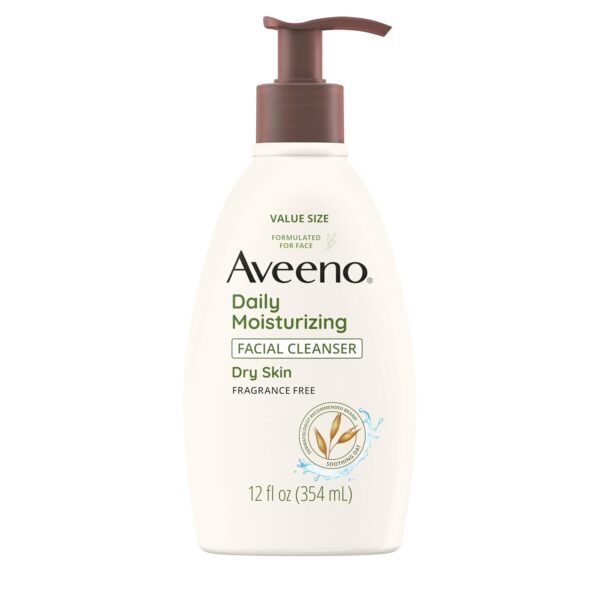 Aveeno Daily Moisturizing Facial Cleanser for Dry Skin, Gentle Face Cleanser with Soothing Oat for Skin that Feels Soft & Supple, Removes Dirt, Oil and Impurities, Fragrance Free, 12 FL OZ