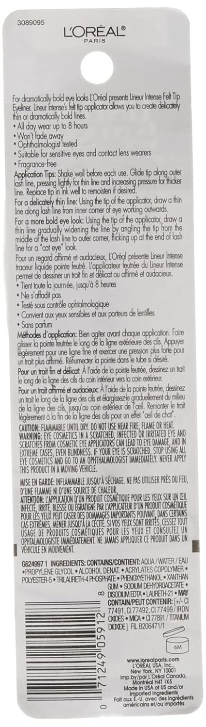 L'Oreal Paris Makeup Lineur Intense Felt Tip Liquid Eyeliner, liquid eyeliner, felt tip applicator, precise bold lines, intense color, ophthalmologist-tested, fragrance-free, Black Mica, 0.05 fl; oz.