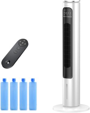 Windowless Portable Air Conditioner Ac Unit with Remote,37” Ventless Evaporative Air Cooler,Quiet Swamp Cooler for 4 Modes, Ductless Tower Fan For 12H Timer, Ice Packs for home Bedroom Indoor White