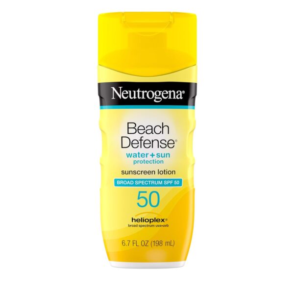 Neutrogena Sunscreen Lotion Beach Defense SPF 50, 6.7 fl oz, Face and Body Sunscreen, Oil Free, Fast Absorbing, Oxybenzone Free Sun Care