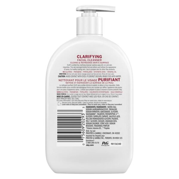 Olay Face Wash, Daily Facial Cleanser with Niacinamide, Peptides & Glycerin - Clarifying, Refreshes Skin Surface, Refines Appearance of Pores - Sulfate-Free, Paraben-Free, Oil-Free, 16 Oz