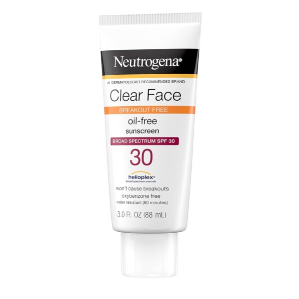 Neutrogena Clear Face Sunscreen Lotion for Acne-Prone Skin, Broad Spectrum SPF 30 Facial Sunscreen for Oily Skin, Fragrance- & Oxybenzone-Free Water Resistant, 3 fl. oz