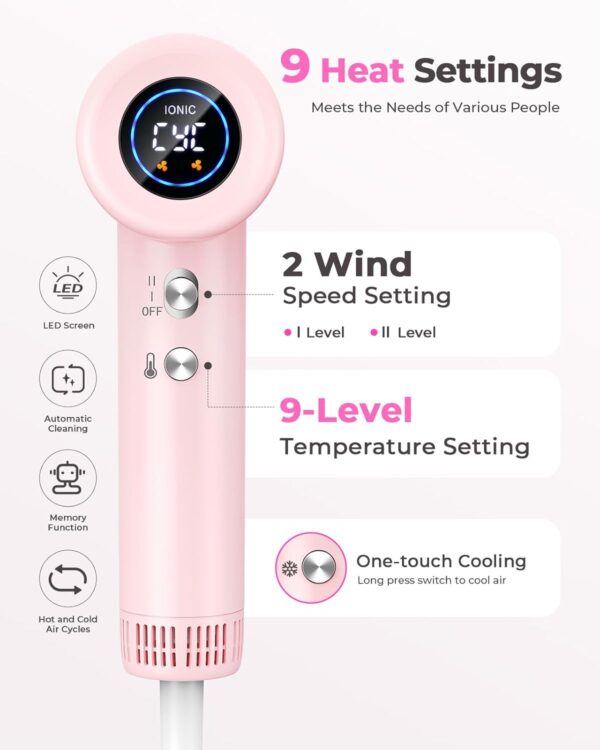 Hair Dryers for Women - 9 Temps Set Ionic Blow Dryer -160,000 RPM High Speed Fast Drying 1 Min, Professional Hairdryer for Smooth, 500 Million Negative Ions, Lightweight 0.8lb for Travel, Auto Clean