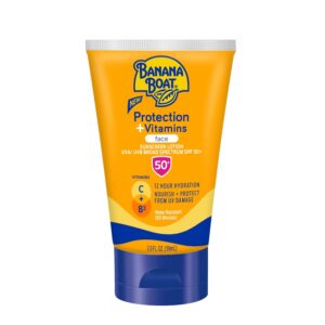 Banana Boat Protection + Vitamins Face Sunscreen Lotion SPF 50 | Travel Size Sunscreen for Face, Moisturizing with Vitamin C & Vitamin B3 Niacinamide, SPF 50 Sunblock Lotion, Fragrance Free, 2oz