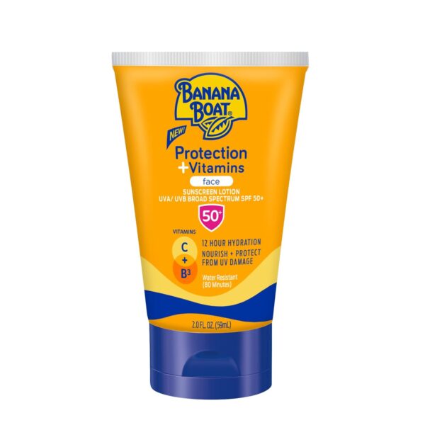 61JqoJceL._SL1500_.jpg Banana Boat Protection + Vitamins Face Sunscreen Lotion SPF 50 | Travel Size Sunscreen for Face, Moisturizing with Vitamin C & Vitamin B3 Niacinamide, SPF 50 Sunblock Lotion, Fragrance Free, 2oz