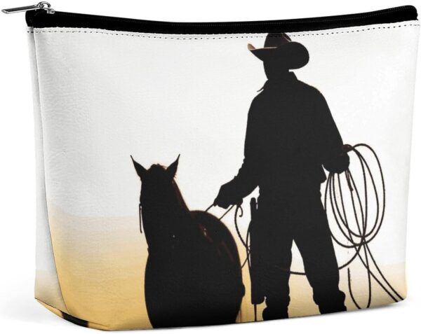 Makeup Bag for Women Cosmetic Bags Cowboy with Lasso Silhouette Travel Toiletry Bag Cute Zipper Make Up Bags Large Capacity Makeup Case Organizer Portable Makeup Pouch for Travelling Gift