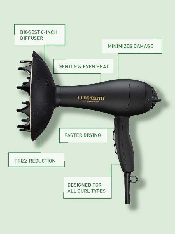 CURLSMITH Defrizzion Hair Dryer, for Curly Hair, with Extra Large 8" Diffuser for Fast Drying, 2 Speeds, 3 Heat Settings, Sustained Cool Setting with Minimal Heat Impact