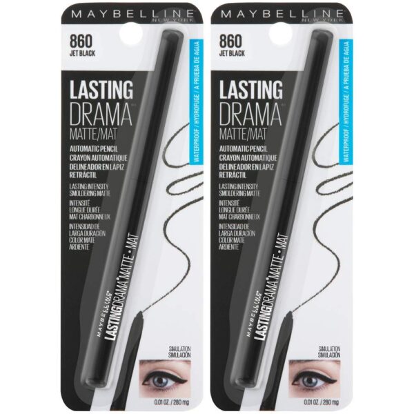 Maybelline Eyestudio Lasting Drama Waterproof Matte Gel Pencil Black Eyeliner Makeup, Jet Black, 2 Count