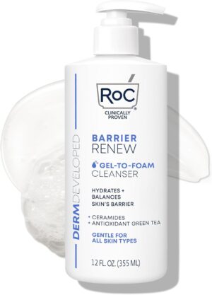 RoC Barrier Renew Gel to Foam Non Drying Facial Cleanser to Hydrate Skin, 12 Ounces