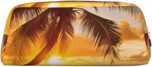 Tropical Beach Palm Tree Sunset Pencil Pouch Large Capacity Pencil Case Leather Cosmetic Bag Office Desk Organizer Coin Pouch Portable Zipper Toiletry Bag for Travel Outdoor