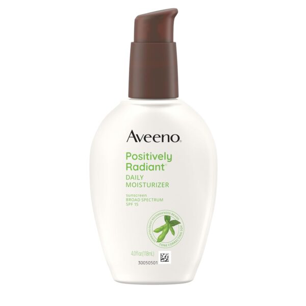 Aveeno Positively Radiant Daily Face Moisturizer with SPF 15 Sunscreen, Facial Moisturizer with Soy Extract, Improve the Look of Skin Tone & Texture, Hypoallergenic, Non-comedogenic, Oil-Free, 4 fl oz