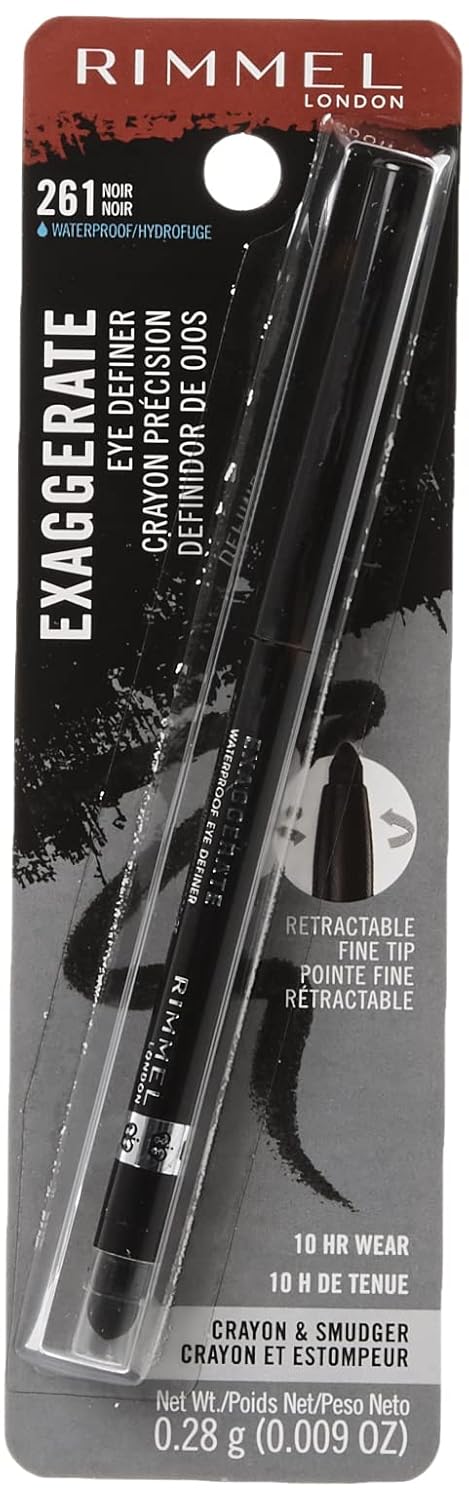 Rimmel London Exaggerate Waterproof Eye Definer Eyeliner, Highly Pigmented, Long-Wearing, Built-In Smudger, 261, Noir, 0.01oz