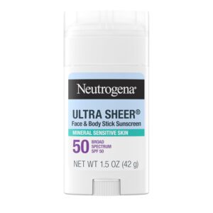 Neutrogena Ultra Sheer Dry Touch SPF 50 Mineral Sunscreen Stick for Sensitive Skin, Zinc Oxide, Body & Face Sunscreen with Vitamin E, No White Residue & Vegan, 1.5 oz