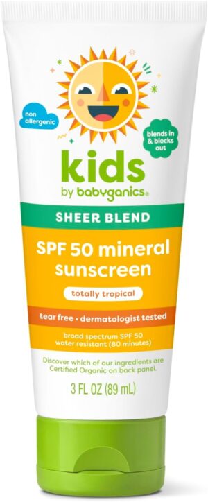 Babyganics SPF 50 Mineral Sunscreen Lotion, Sheer Blend, UVA UVB Protection, Octinoxate & Oxybenzone Free, Water Resistant, Totally Tropical, 3 oz