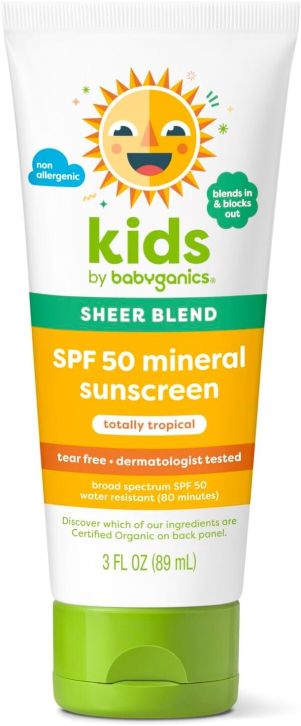 Babyganics SPF 50 Mineral Sunscreen Lotion, Sheer Blend, UVA UVB Protection, Octinoxate & Oxybenzone Free, Water Resistant, Totally Tropical, 3 oz