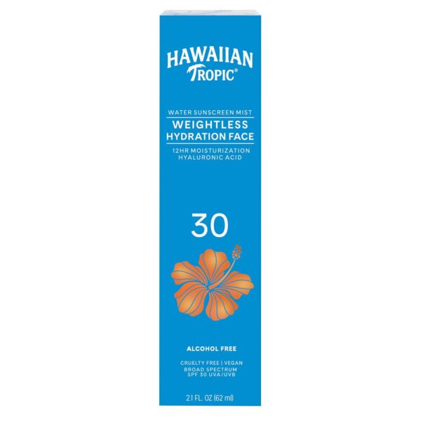 Hawaiian Tropic Weightless Hydration Water Sunscreen Mist for Face SPF 30 | Non-Aerosol Sunscreen Spray Travel Size, Beach Essentials, Summer Essentials, Travel Sunblock Face SPF Spray, 2.1 fl oz