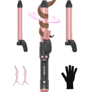 3 in 1 Rotating Curling Iron - Automatic Curling Iron Dual Voltage with 3 Interchangeable Barrels 0.75" 1" 1.25", Fast Heat & Adjustable Temps for All Hair Types, Effortless Long Lasting Beach Waves