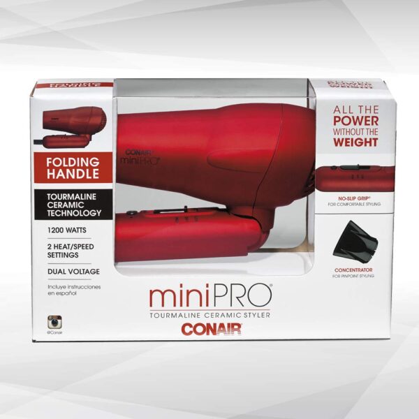 Conair miniPRO Tourmaline Ceramic Travel Hair Dryer with Folding Handle, Red