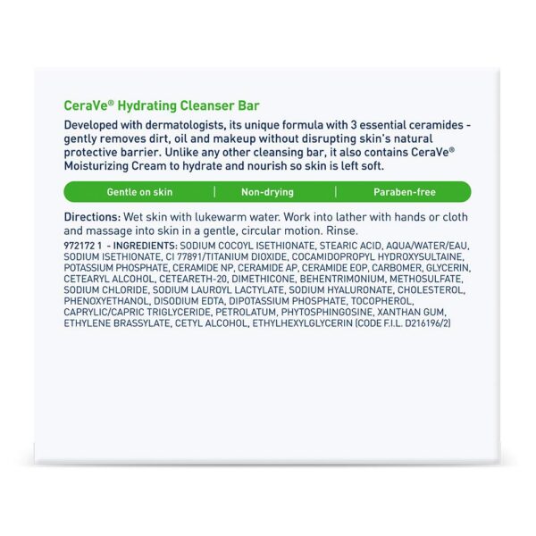 CeraVe Hydrating Cleanser Bar, Soap-Free Body and Facial Cleanser with 5% Cerave Moisturizing Cream, Fragrance-Free, 2-Pack, 4.5 Ounce Each