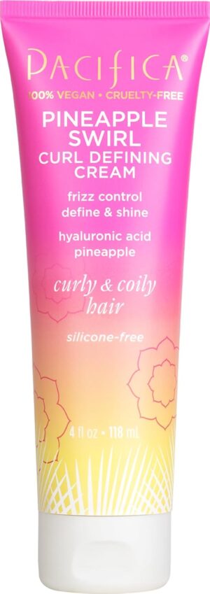Pacifica Pineapple Swirl Curl Defining Cream for Curly Hair 4 oz – Frizz Control & Curl Enhancer Styling Cream for Curly & Wavy Hair Coconut Oil & Hyaluronic Acid Defines & Adds Bounce Without Crunch