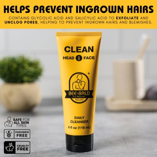 Bee Bald CLEAN Daily Head & Face Cleanser, Refreshes and Thoroughly Washes, Premium Bald Head Care for Men and Women, 4 fl Oz