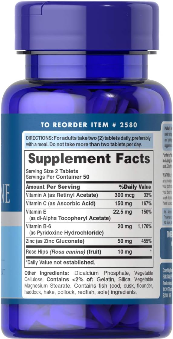 Puritan's Pride Zinc for Acne Skin Formula with Vitamins C, B-6, A, and E for Men and Women, Dietary Supplement for Clear Healthy Skin, Immune System, Cell Division and Growth Support, 100 Tablets