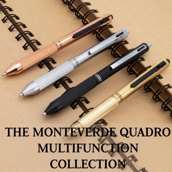 Monteverde USA Quadro 4-in-1 Multifunction Pen - Black Finish - Three Ballpoint Colors & Mechanical Pencil - Durable Brass Barrel with Knurled Grip - Portable & Refillable