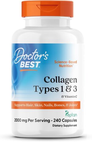 Doctor's Best Collagen Types 1 & 3 with Vitamin C, Non-GMO, Gluten Free, Soy Free, Supports Hair, Skin, Nails, Tendons & Bones, 500 mg, 240 Caps (DRB-00263)