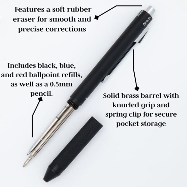 Monteverde USA Quadro 4-in-1 Multifunction Pen - Black Finish - Three Ballpoint Colors & Mechanical Pencil - Durable Brass Barrel with Knurled Grip - Portable & Refillable