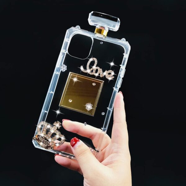 Compatible with iPhone 15 Perfume Bottle Case Luxury Bling Diamond Rhinestone Cute for Women Girls Elegant Glitter Shiny Crystal Crown Love Gem Flower with Crossbody Strap Case Black