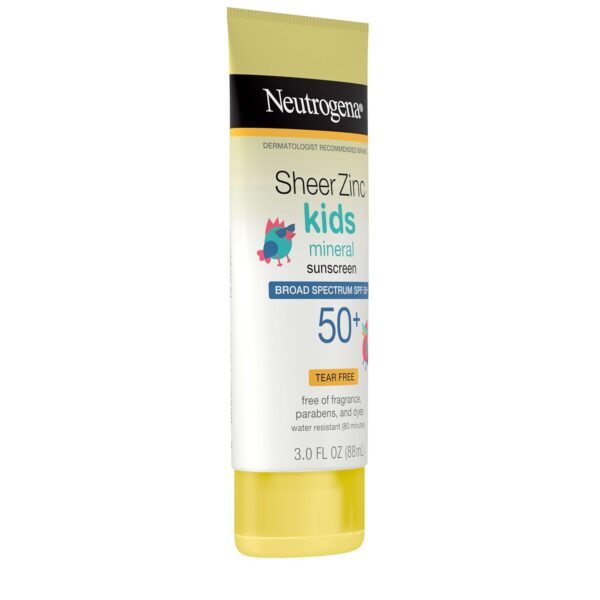Neutrogena Sheer Zinc Oxide Kids Mineral Sunscreen Lotion, Broad Spectrum SPF 50+ with UVA/UVB Protection, Water-Resistant for 80 Minutes, Paraben-, Dye-, Fragrance- & Tear Free, 3 fl. oz