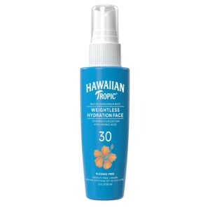 Hawaiian Tropic Weightless Hydration Water Sunscreen Mist for Face SPF 30 | Non-Aerosol Sunscreen Spray Travel Size, Beach Essentials, Summer Essentials, Travel Sunblock Face SPF Spray, 2.1 fl oz