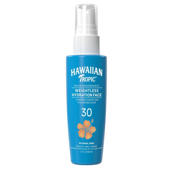 Hawaiian Tropic Weightless Hydration Water Sunscreen Mist for Face SPF 30 | Non-Aerosol Sunscreen Spray Travel Size, Beach Essentials, Summer Essentials, Travel Sunblock Face SPF Spray, 2.1 fl oz