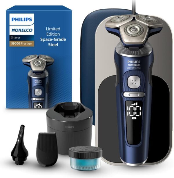 Philips Norelco Shaver Series 9000 Prestige, Wet and Dry Electric Shaver, System, SenseIQ Technology, Precision Trimmer, Nose Trimmer, Qi Charging Pad, Cleaning Pod, Adriatic Blue, SP9886/89