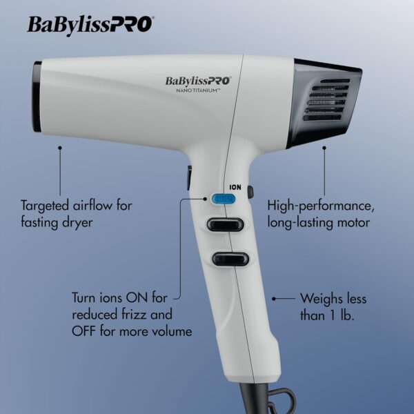 BabylissPRO Nano Titanium Hair Dryer, Professional 1875-Watt Blow Dryer, Lightweight, Ionic Technology Dries Hair Faster with Less Frizz