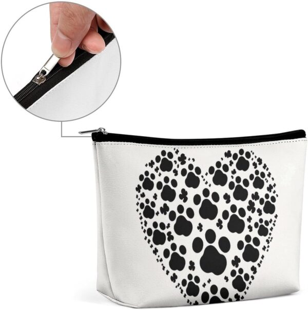 Dog Paw Print Love Heart Makeup Bag for Women Portable Travel Toiletry Pouch, PU Leather Cosmetic Bag with Zipper