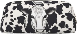 Black And White Cow Pencil Pouch Large Capacity Pencil Case Leather Cosmetic Bag Office Desk Organizer Coin Pouch Portable Zipper Toiletry Bag for Travel Outdoor