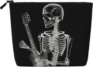 Linen Makeup Bag For Women, Waterproof Travel Cosmetic Organizer Lightweight Zipper Travel Toiletry Bag Organizer Abstract X-Ray Skull Skeleton Playing Guitar Makeup Brushes Storage Bag