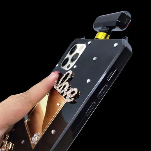 Compatible with iPhone 15 Perfume Bottle Case Luxury Bling Diamond Rhinestone Cute for Women Girls Elegant Glitter Shiny Crystal Crown Love Gem Flower with Crossbody Strap Case Black