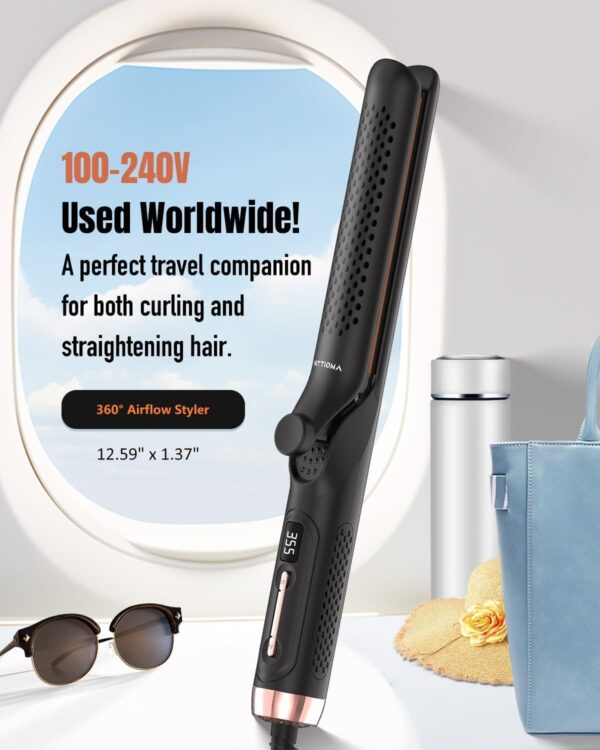 360° Airflow Styler Curling Iron, 2 in 1 Hair Straightener and Curler with Vented Cool Air to Lock in Style, 1.25 Inch Extra Long Flat Iron Curling Iron in One, Dual Voltage for Travel, LCD Display