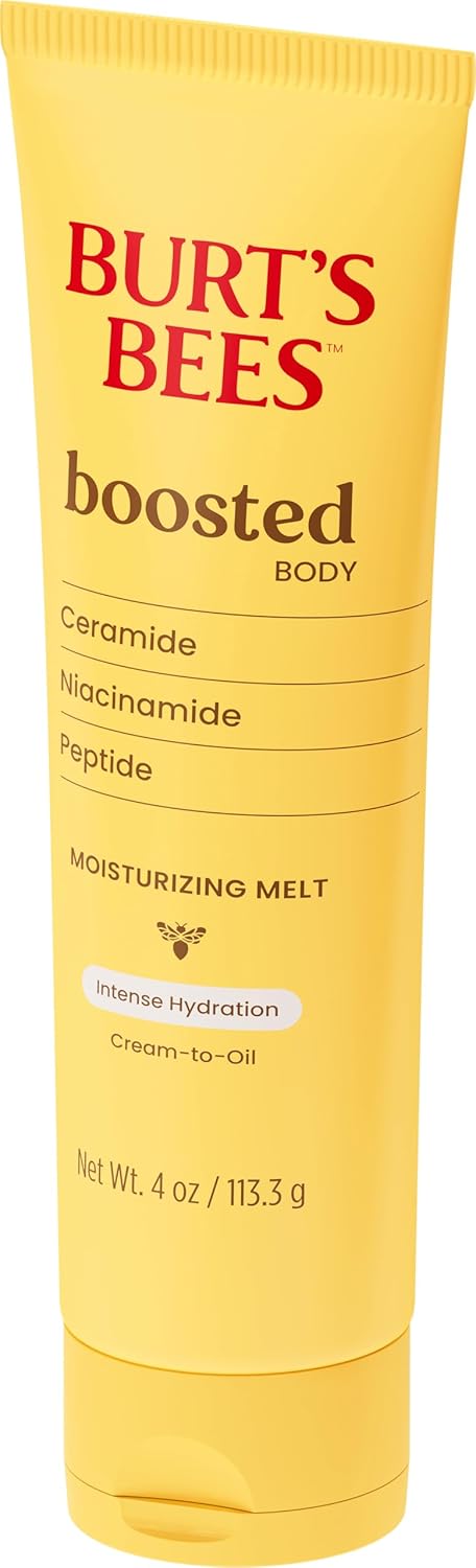Burt's Bees Boosted Body Moisturizing Melt With Ceramide, Niacinamide and Peptide, Intense Skin Hydration, Cream-to-Oil Body Lotion Supports Skin Barrier, Tropical Scent, 4 oz. Tube