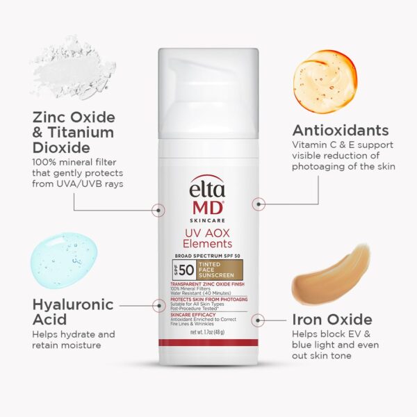 EltaMD UV AOX Elements Tinted Mineral Face Sunscreen Lotion, Tinted Moisturizer for Face SPF 50 with Antioxidants, For Dry Sensitive Skin 1.7 oz Pump