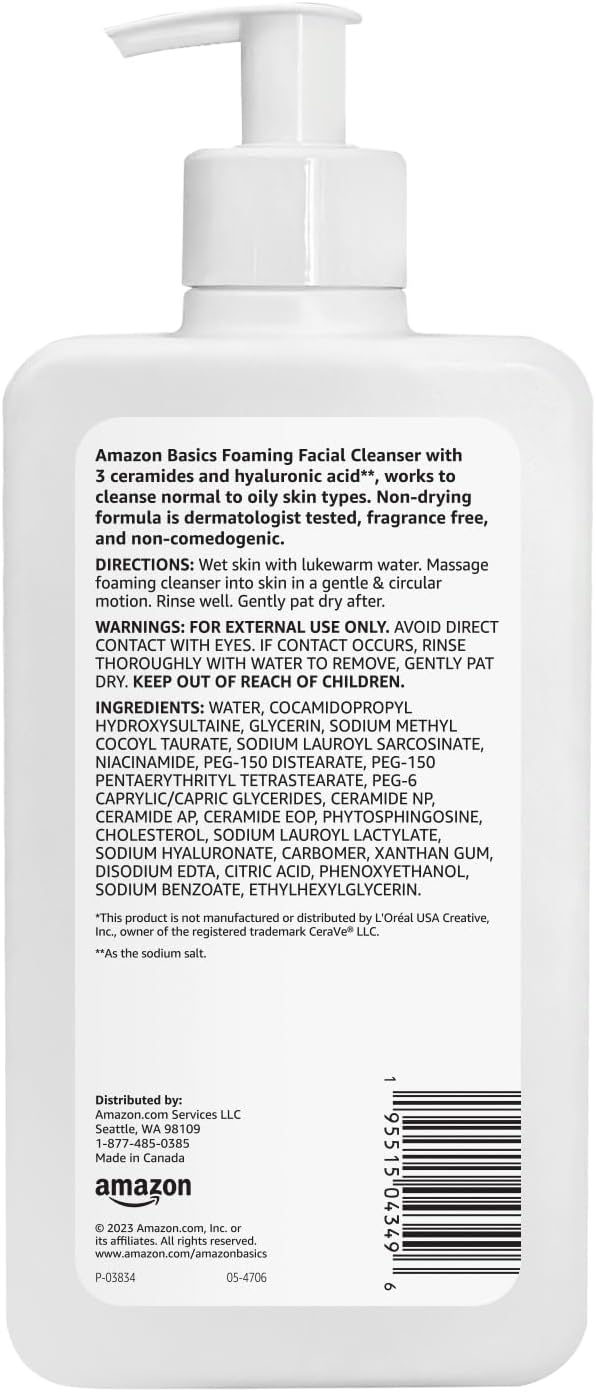 Amazon Basics Foaming Facial Cleanser with Ceramides & Hyaluronic Acid, Fragrance-Free, 12 Fl Oz, Pack of 1