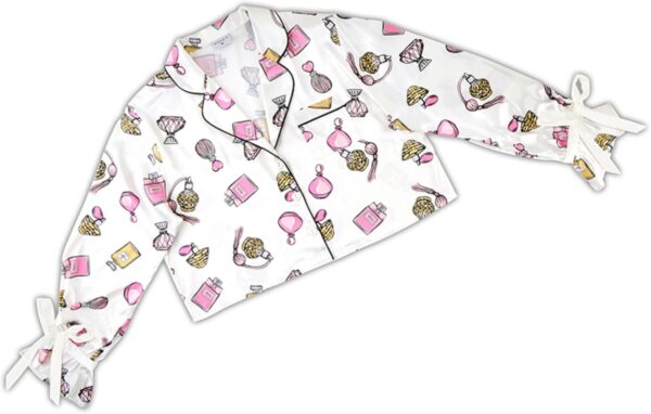 Matching Pajama Sleep Set For Women Cropped Long Sleeve and Shorts 2-Piece Loungewear Polyester Satin Perfume Bottles Medium