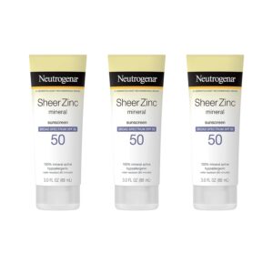 Neutrogena Mineral Sunscreen Sheer Zinc Oxide Dry-Touch Lotion, Broad Spectrum Sunblock SPF 50, Water Resistant Sunscreen For Sensitive Skin, 3 fl. oz, 3 Pack