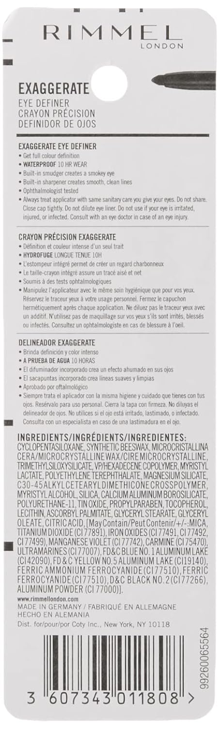 Rimmel London Exaggerate Waterproof Eye Definer Eyeliner, Highly Pigmented, Long-Wearing, Built-In Smudger, 261, Noir, 0.01oz