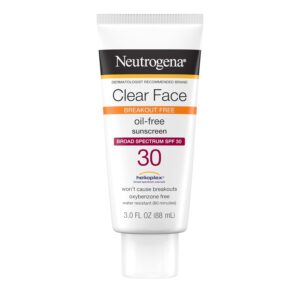 Neutrogena Clear Face Sunscreen Lotion for Acne-Prone Skin, Broad Spectrum SPF 30 Facial Sunscreen for Oily Skin, Fragrance- & Oxybenzone-Free Water Resistant, 3 fl. oz