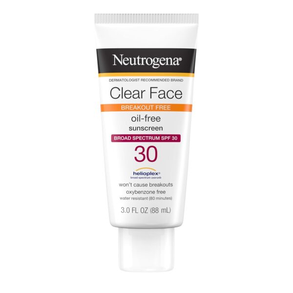 Neutrogena Clear Face Sunscreen Lotion for Acne-Prone Skin, Broad Spectrum SPF 30 Facial Sunscreen for Oily Skin, Fragrance- & Oxybenzone-Free Water Resistant, 3 fl. oz